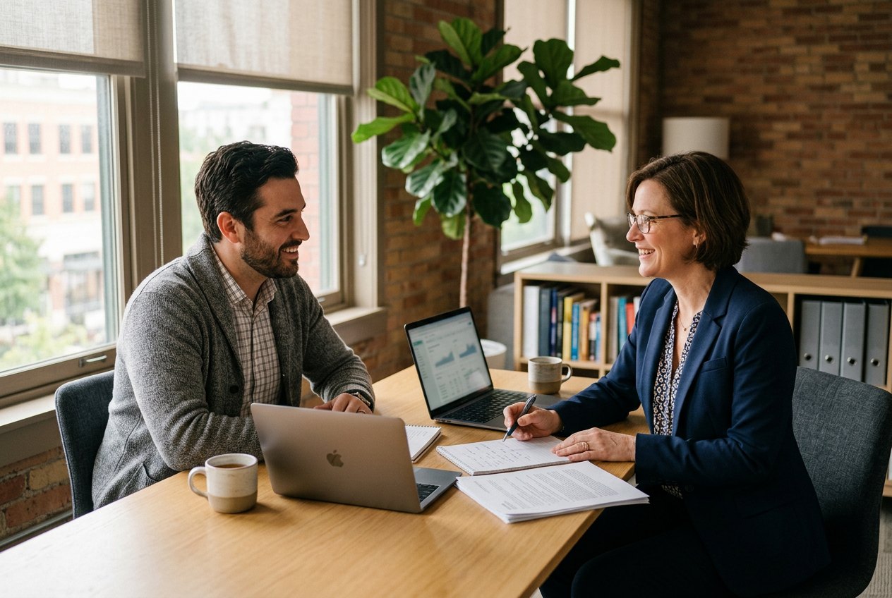 Tax advisor meeting with a small business client at a desk